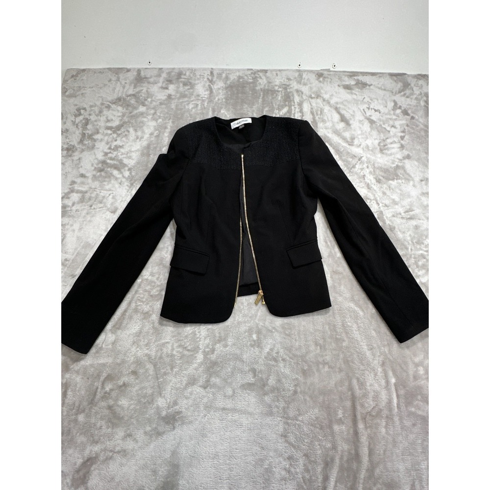 Calvin Klein Blazer Women's Size 4 Black Zip Up Lined Zipper Missing‎ Button